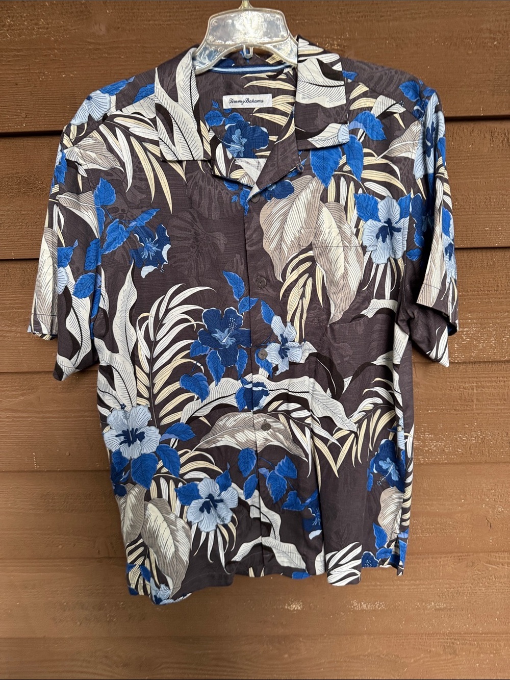 Tommy Bahama Silk Brown Floral Camp Shirt with Blue and Cream Leaves size M